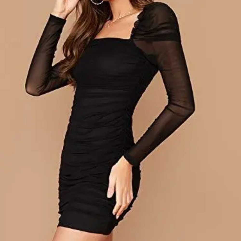 WDIRARA Womens Square Neck Mesh Puff Long Sleeve Bodycon Mini Dress Pure Black